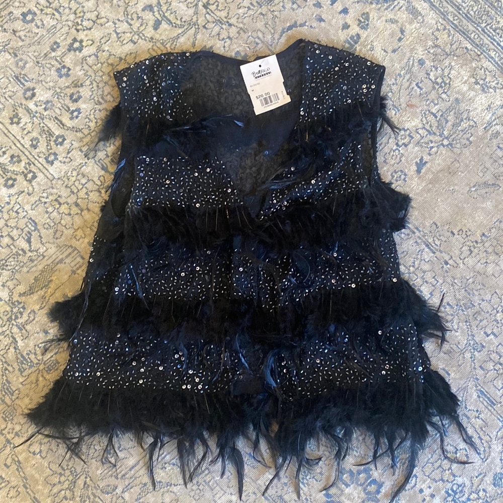 Vintage Black Silk Beaded Jacket Vest or Top with Feathers